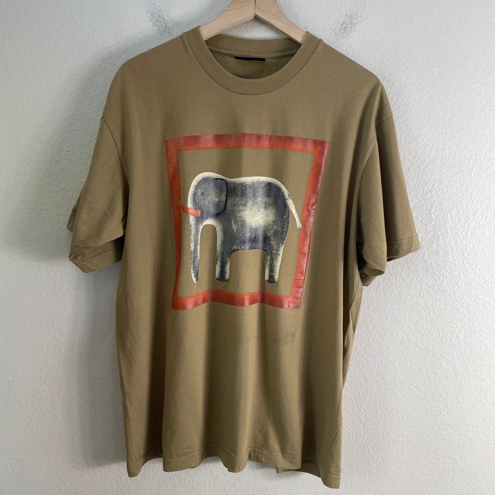 Jim‎ Thompson Mens Medium Elephant Graphic T Shirt Tan Khaki Cotton Crewneck